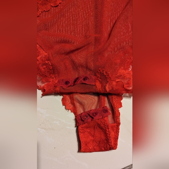 Red lace bodysuit. - Sheer mesh keyhole back teddy. - Picture 3 of 6
